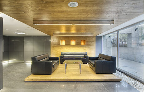 Commercial office entrance hall with a modern meeting area, contemporary seating, and clean design.